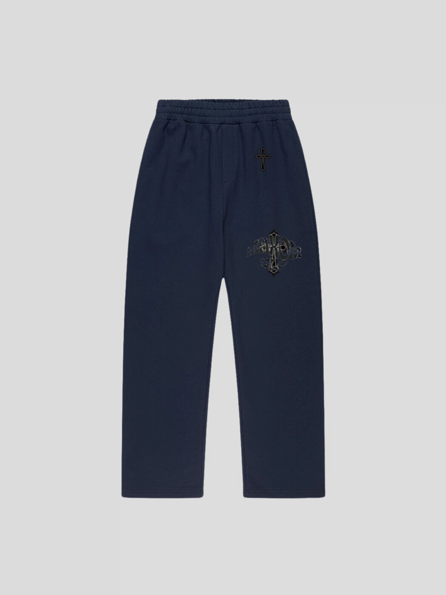 Front view of the navy blue oversized streetwear sweatpants by MAXOMclo – heavyweight cotton blend with minimalist embroidery.