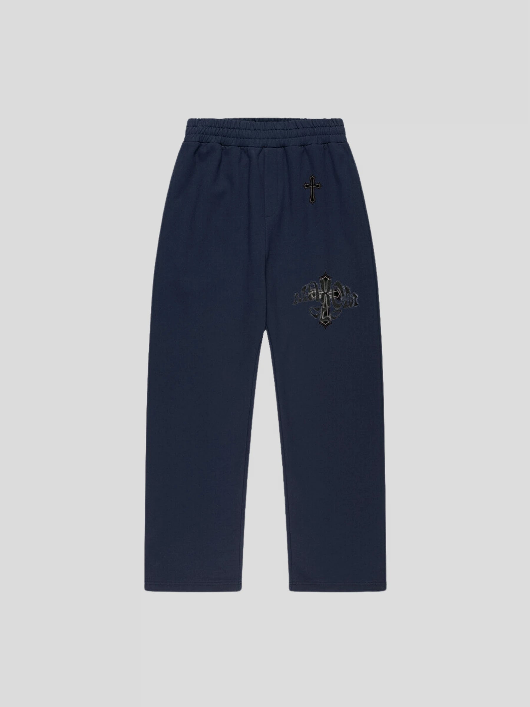 Front view of the navy blue oversized streetwear sweatpants by MAXOMclo – heavyweight cotton blend with minimalist embroidery.