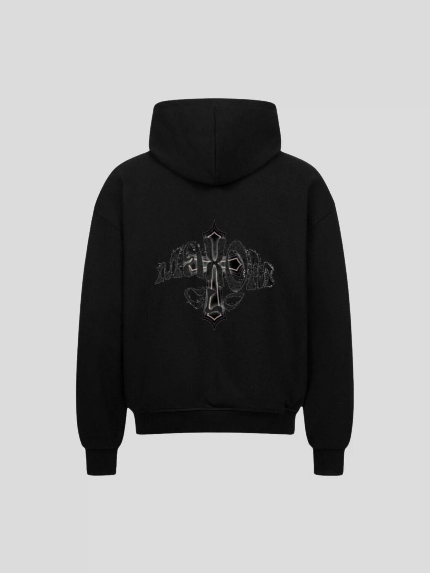 Back of the black premium oversized streetwear hoodie showing MAXOMclo gothic cross logo – modern minimalist streetwear piece.