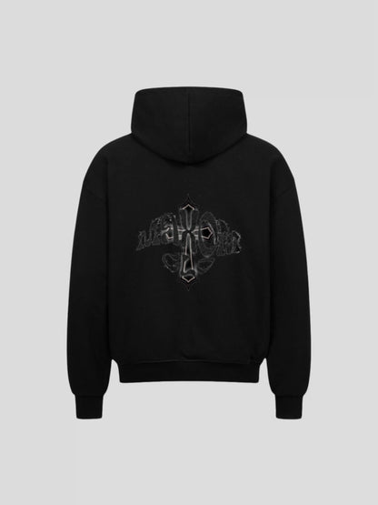 Back of the black premium oversized streetwear hoodie showing MAXOMclo gothic cross logo – modern minimalist streetwear piece.