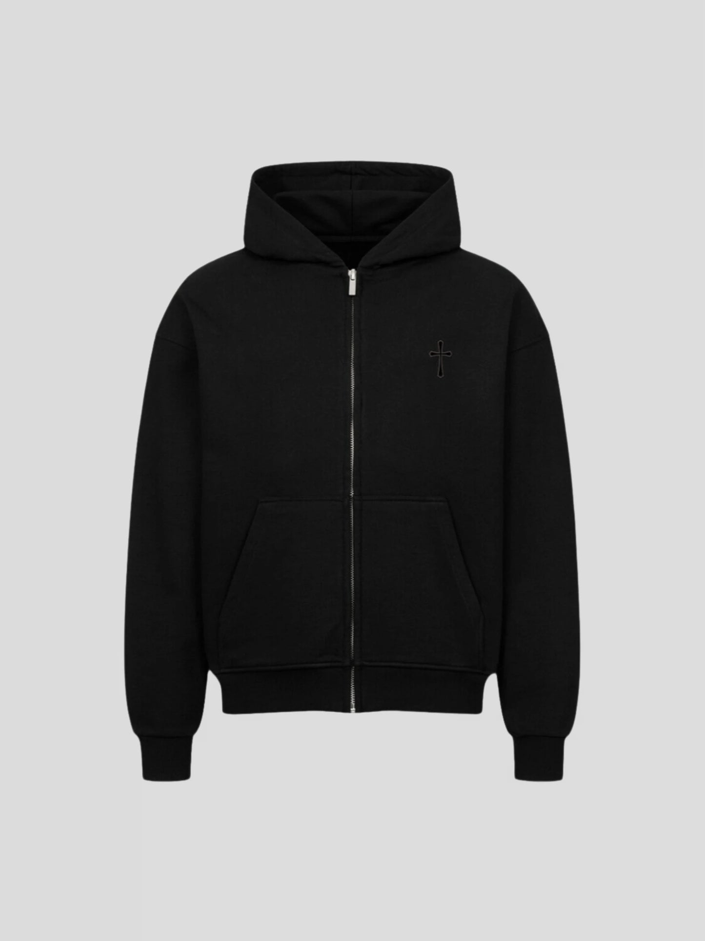 Front view of the black heavyweight oversized zip-up hoodie with tonal cross embroidery and minimalist design.