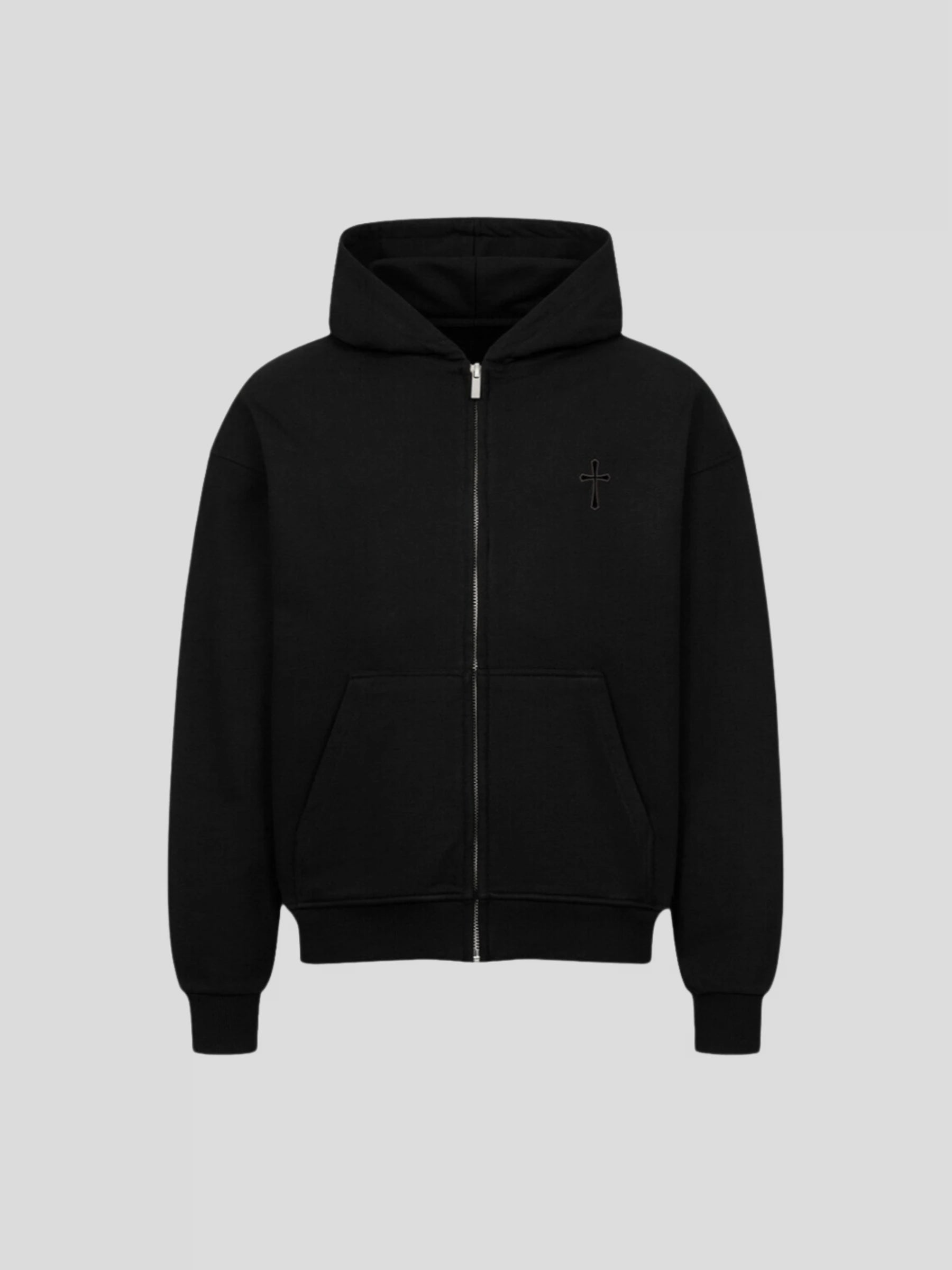 Front view of the black heavyweight oversized zip-up hoodie with tonal cross embroidery and minimalist design.