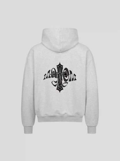 Back of the grey luxury heavyweight cotton hoodie featuring MAXOMclo gothic cross backprint for bold urban detail.