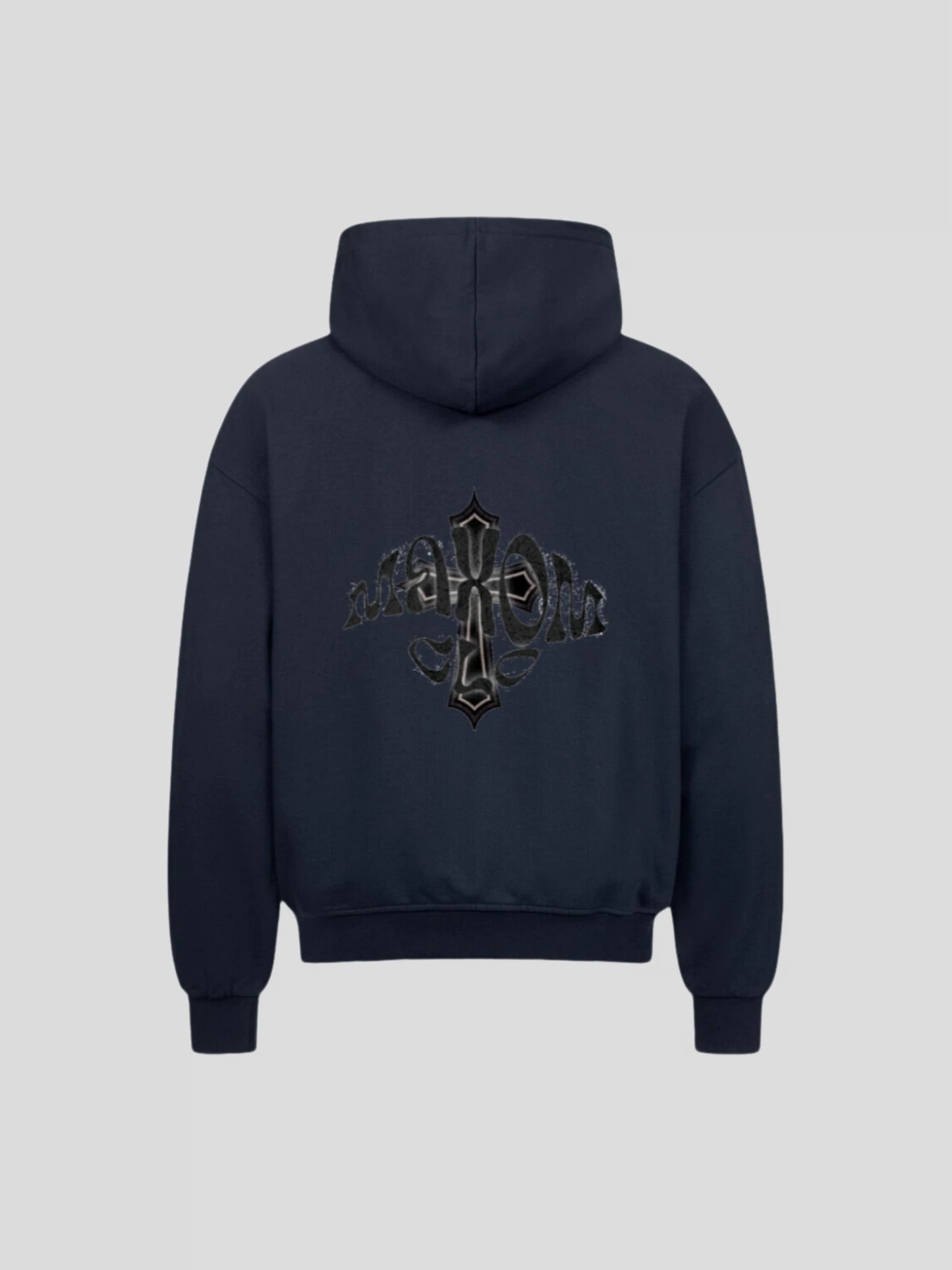 Back view of the navy heavyweight cotton zip hoodie featuring MAXOMclo gothic cross logo – minimalist luxury streetwear.