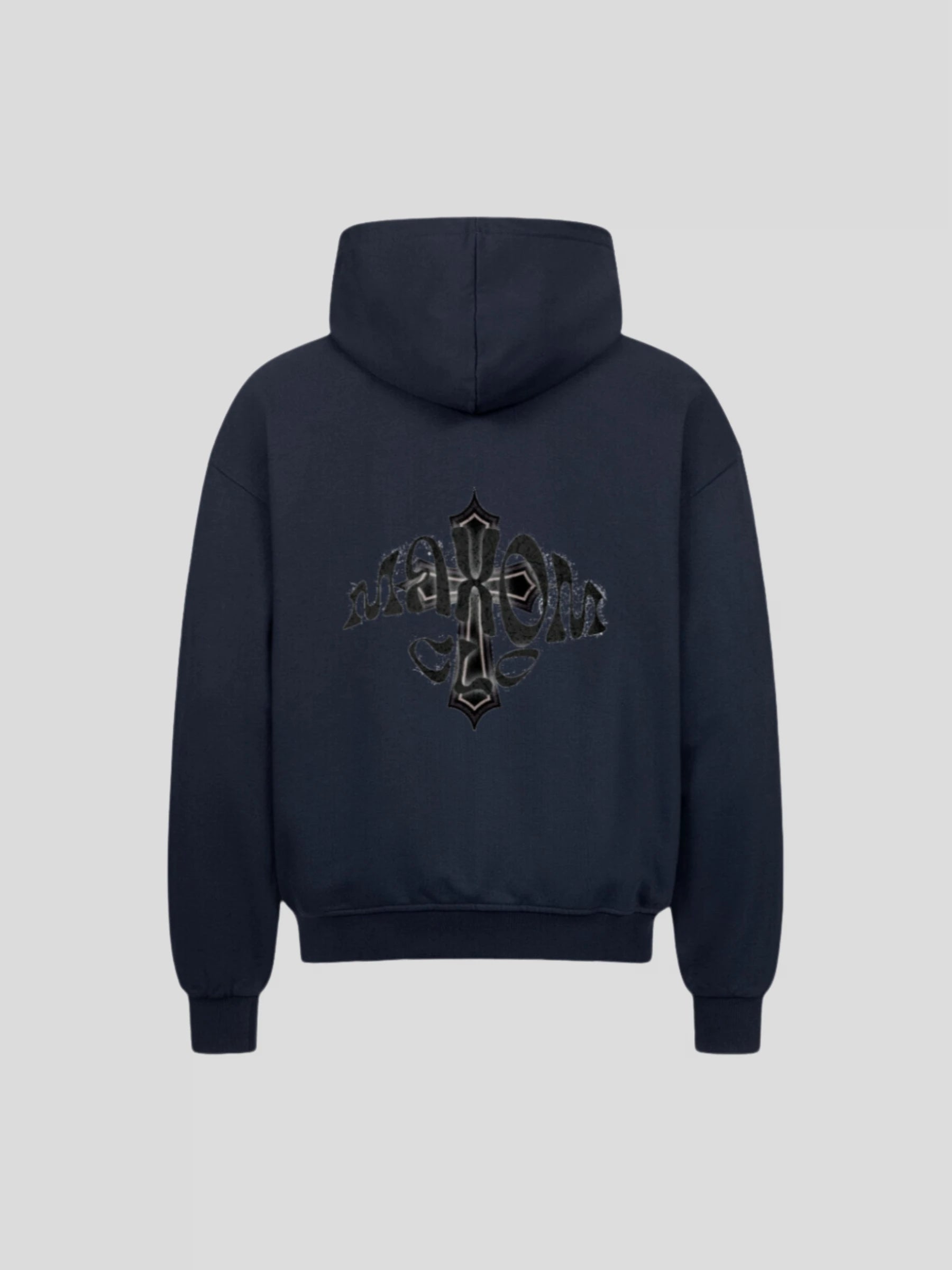 Back view of the navy heavyweight cotton zip hoodie featuring MAXOMclo gothic cross logo – minimalist luxury streetwear.