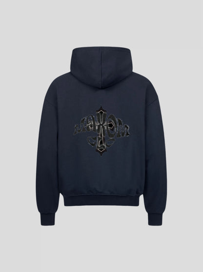Back view of the navy heavyweight cotton zip hoodie featuring MAXOMclo gothic cross logo – minimalist luxury streetwear.