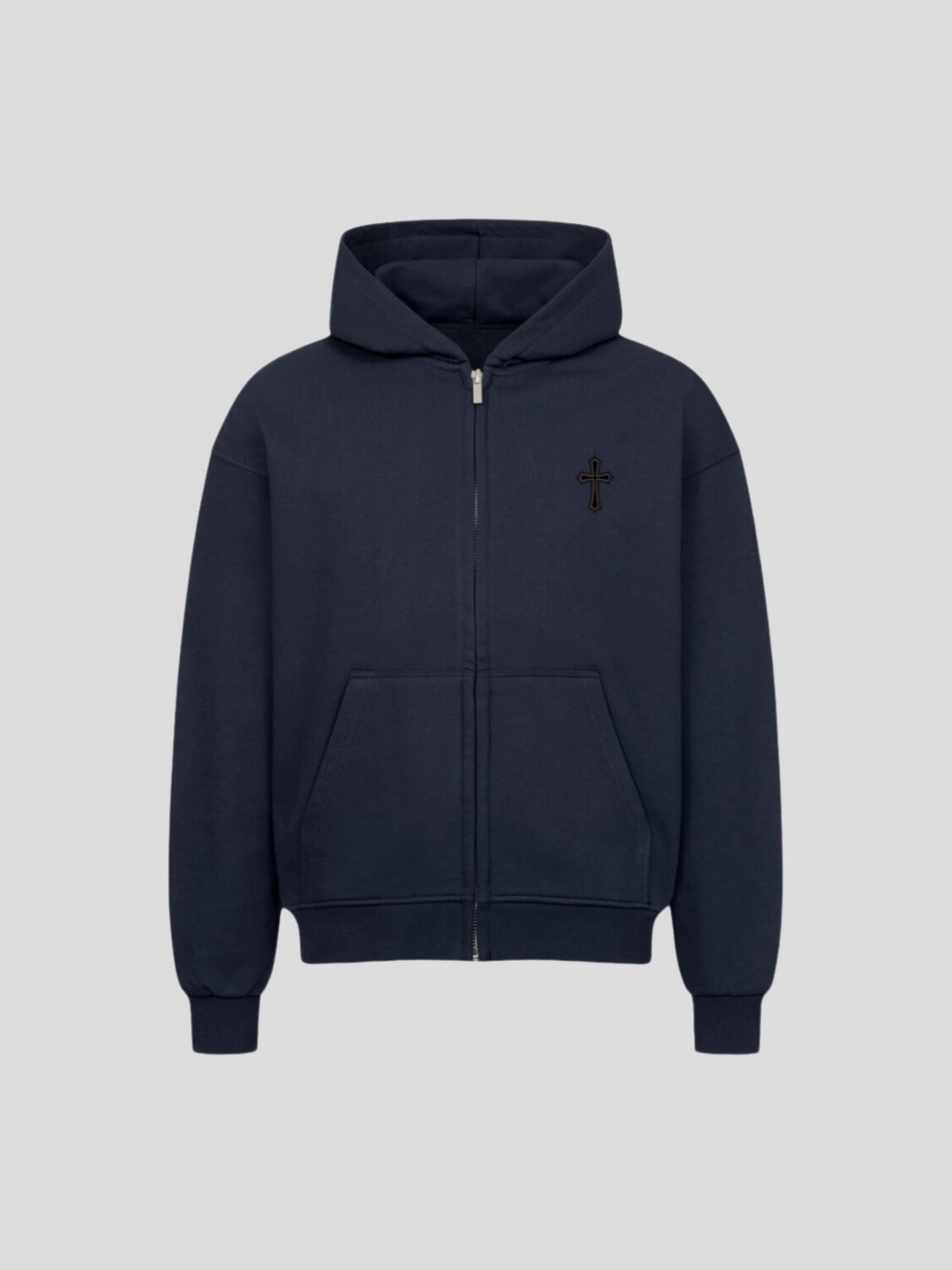 Front of the navy oversized 430 GSM zip-up hoodie – premium cotton streetwear hoodie with embroidered chest cross.