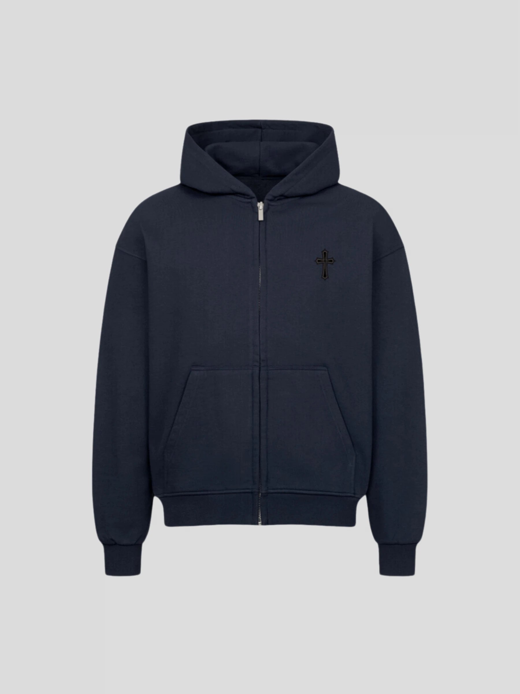 Front of the navy oversized 430 GSM zip-up hoodie – premium cotton streetwear hoodie with embroidered chest cross.