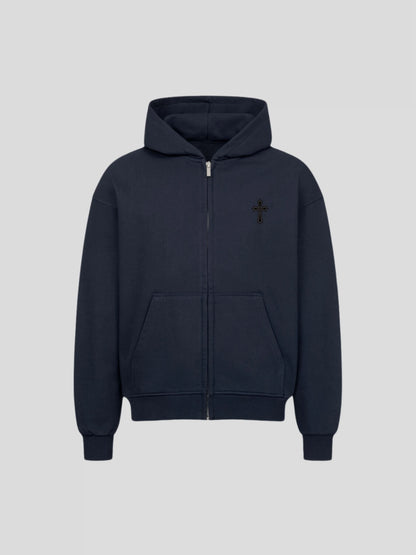 Front of the navy oversized 430 GSM zip-up hoodie – premium cotton streetwear hoodie with embroidered chest cross.