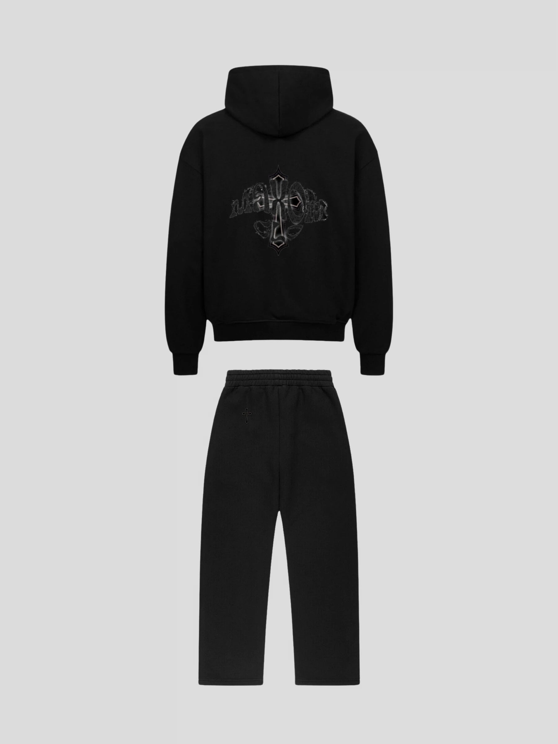Back view of the MAXOMclo Elysium Tracksuit BLACK – luxury unisex oversized hoodie and jogger set in heavyweight cotton with black embroidered cross and gothic MAXOMclo logo.