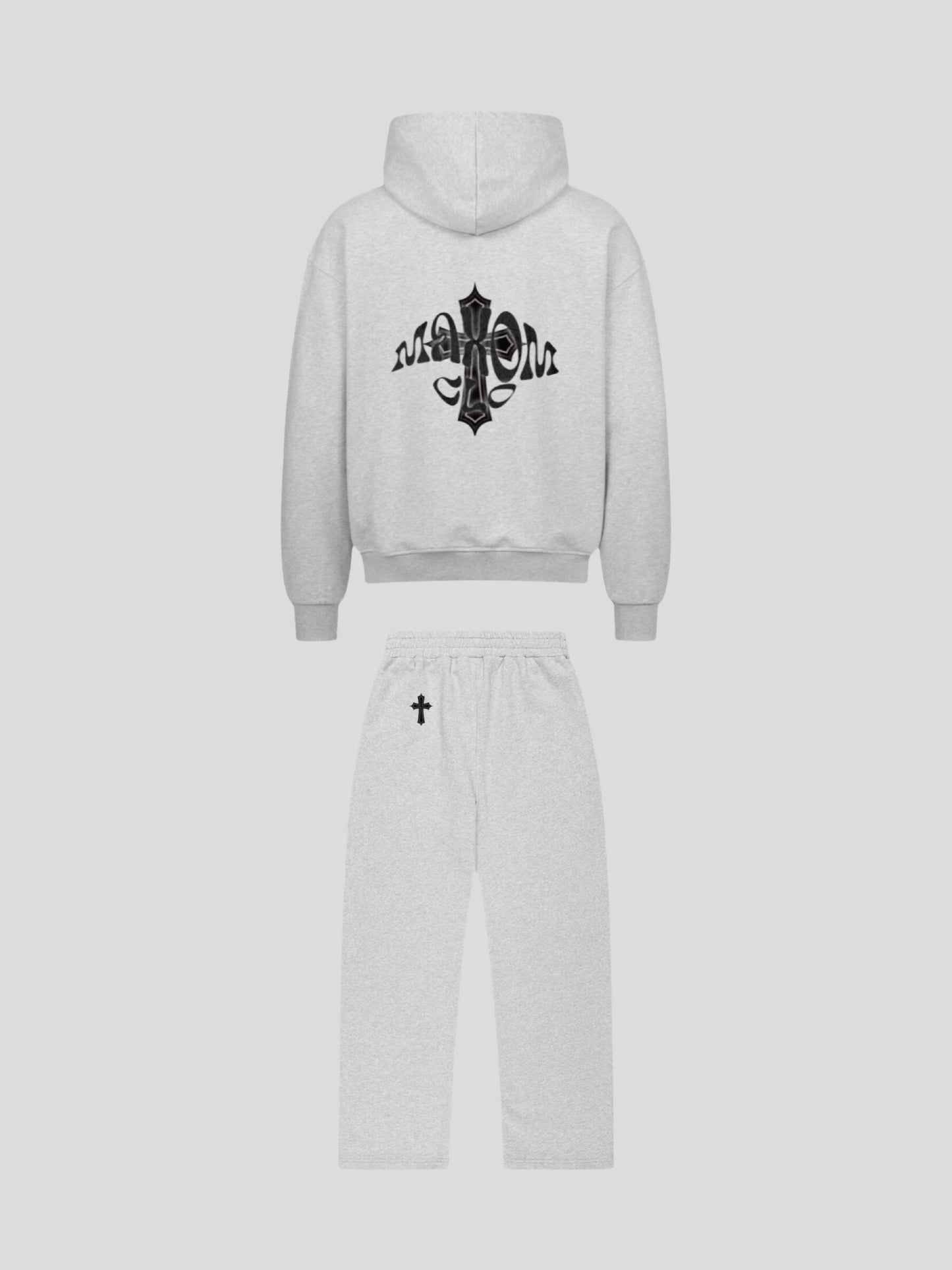 Back view of the MAXOMclo Elysium Sweatsuit in Grey – luxury unisex oversized hoodie and jogger set with black cross and gothic logo design.