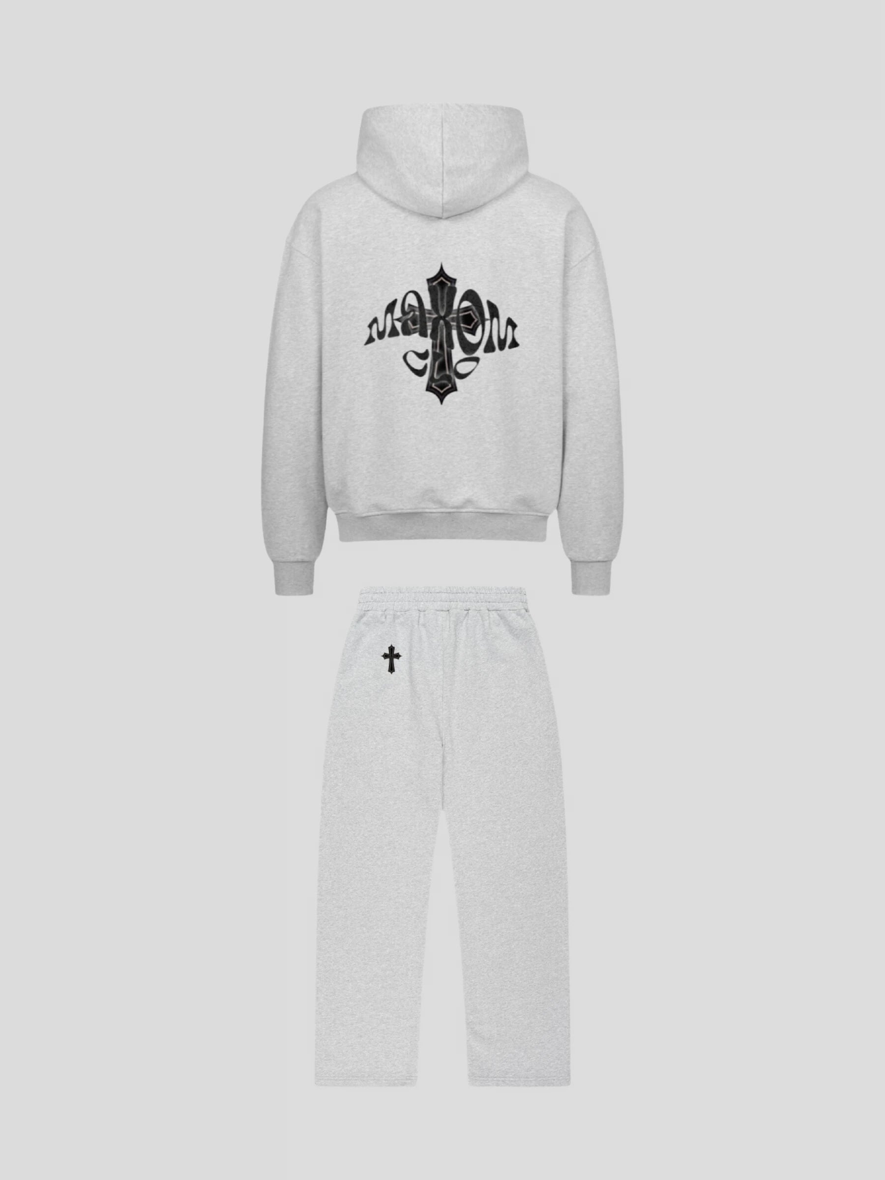 Back view of the MAXOMclo Elysium Sweatsuit in Grey – luxury unisex oversized hoodie and jogger set with black cross and gothic logo design.