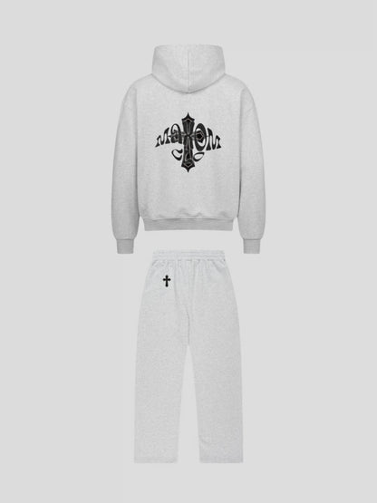 Back view of the MAXOMclo Elysium Sweatsuit in Grey – luxury unisex oversized hoodie and jogger set with black cross and gothic logo design.