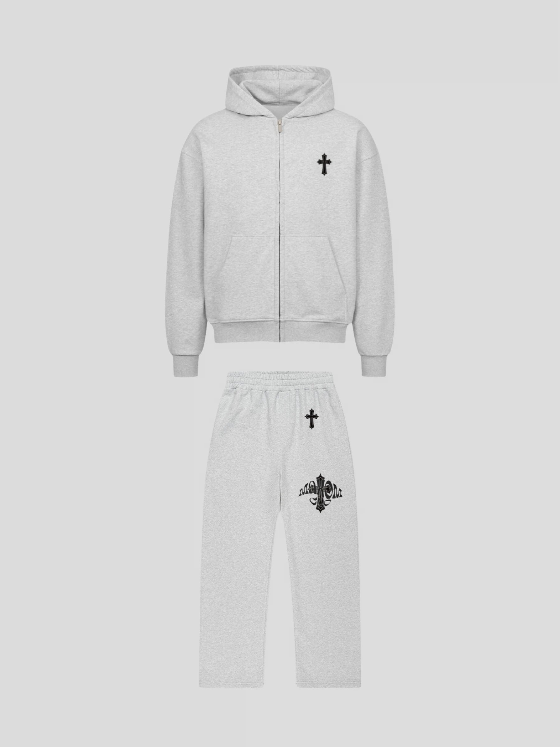 Front view of the Elysium Sweatsuit GREY by MAXOMclo – premium oversized streetwear set featuring 430 GSM zip hoodie and 380 GSM baggy sweatpants with minimalist cross embroidery.