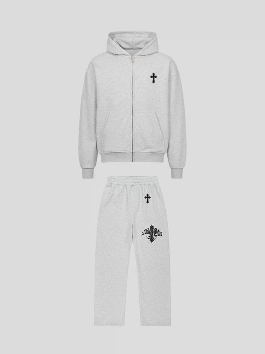 Front view of the Elysium Sweatsuit GREY by MAXOMclo – premium oversized streetwear set featuring 430 GSM zip hoodie and 380 GSM baggy sweatpants with minimalist cross embroidery.