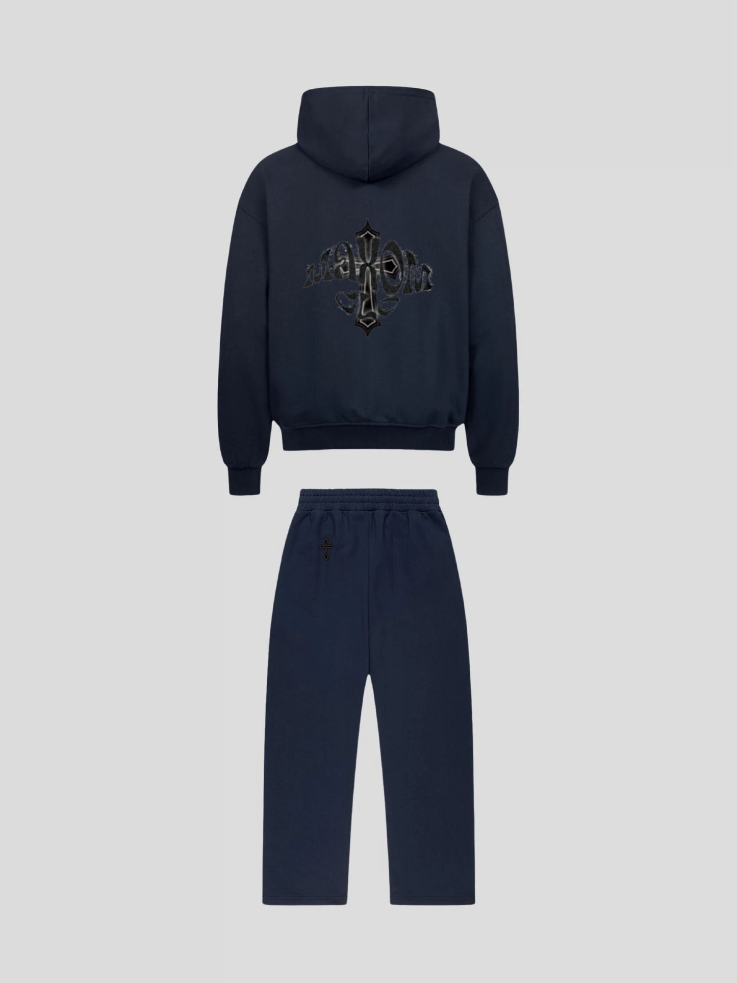 Back view of the MAXOMclo Elysium Tracksuit in Navy Blue – luxury oversized unisex hoodie and jogger set with black cross and gothic logo embroidery.