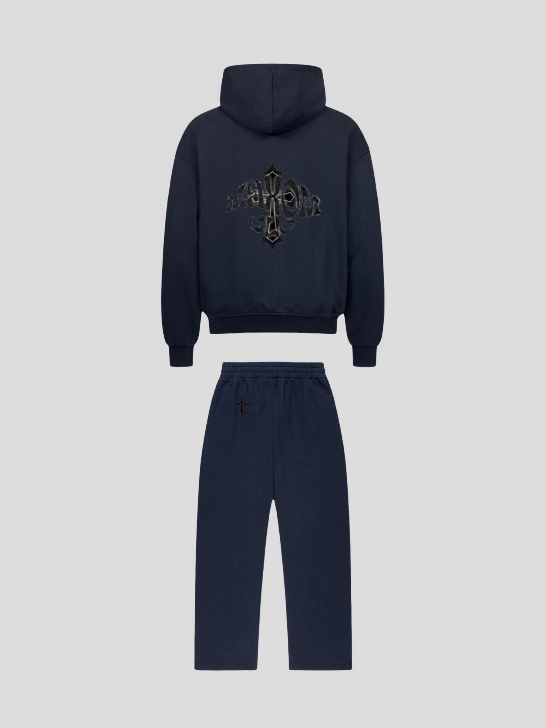 Back view of the MAXOMclo Elysium Tracksuit in Navy Blue – luxury oversized unisex hoodie and jogger set with black cross and gothic logo embroidery.