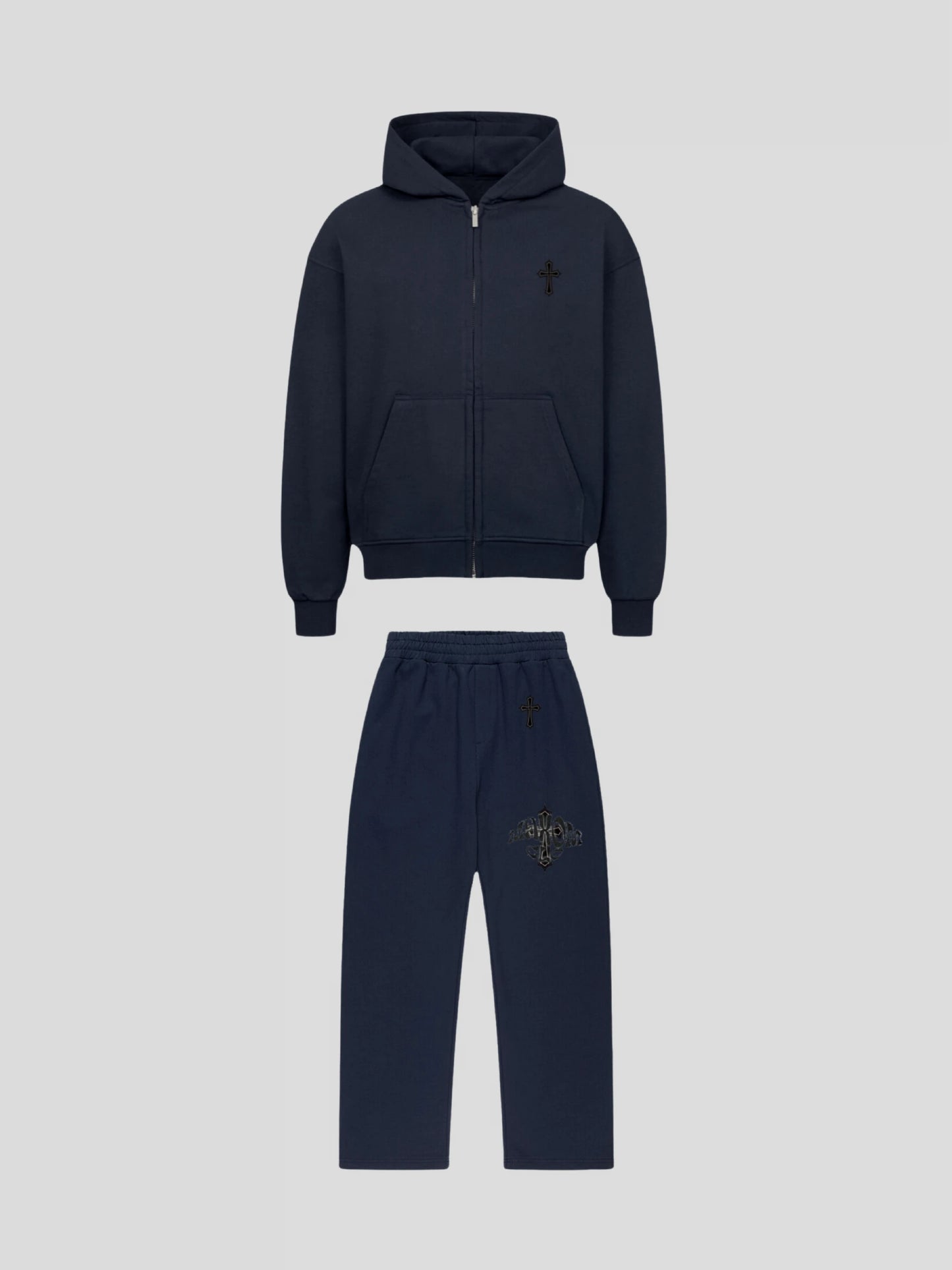 Front view of the Elysium Tracksuit NAVY by MAXOMclo – premium oversized streetwear set with 430 GSM zip hoodie and 380 GSM baggy sweatpants featuring minimalist cross embroidery.