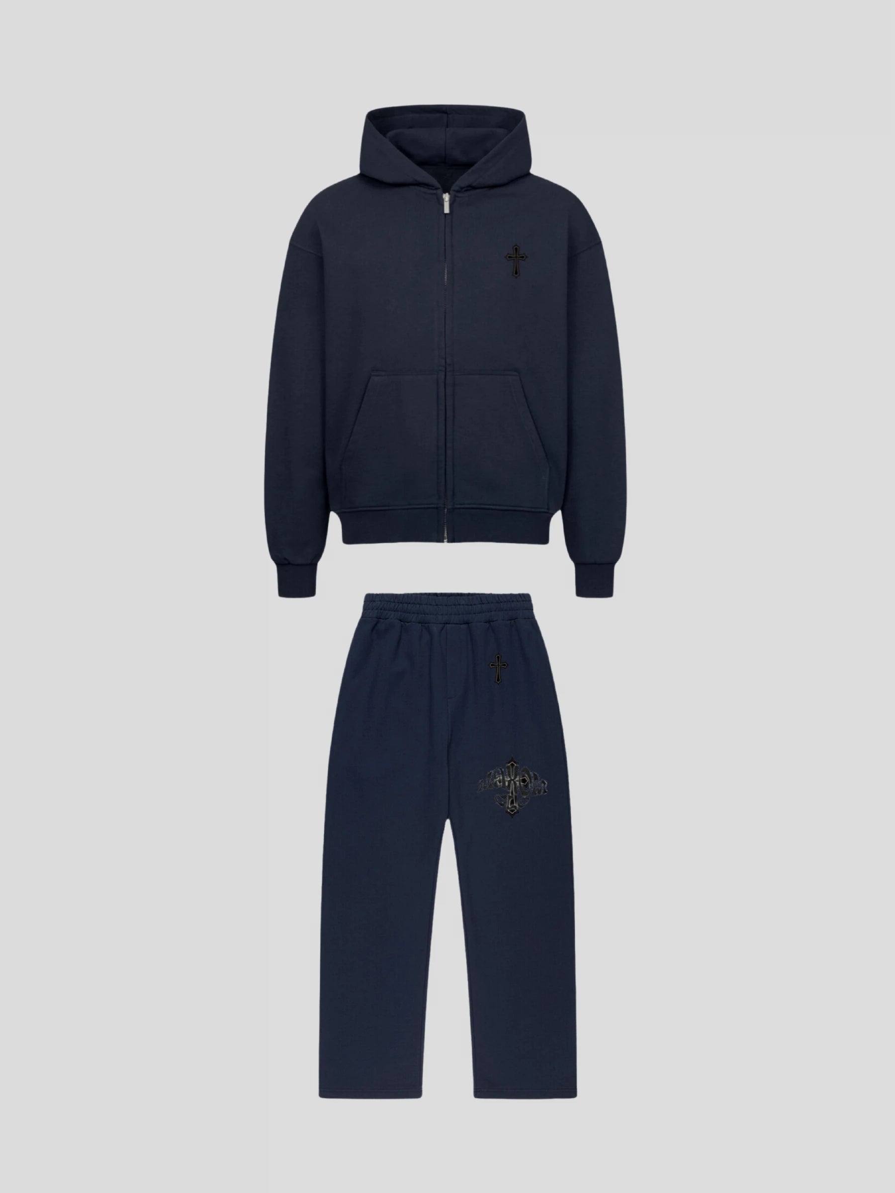 Front view of the Elysium Tracksuit NAVY by MAXOMclo – premium oversized streetwear set with 430 GSM zip hoodie and 380 GSM baggy sweatpants featuring minimalist cross embroidery.