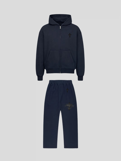 Front view of the Elysium Tracksuit NAVY by MAXOMclo – premium oversized streetwear set with 430 GSM zip hoodie and 380 GSM baggy sweatpants featuring minimalist cross embroidery.