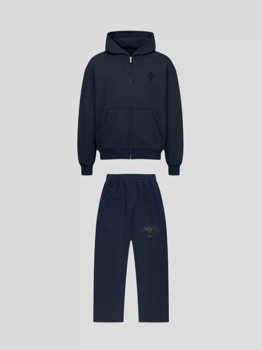 Front view of the Elysium Tracksuit NAVY by MAXOMclo – premium oversized streetwear set with 430 GSM zip hoodie and 380 GSM baggy sweatpants featuring minimalist cross embroidery.