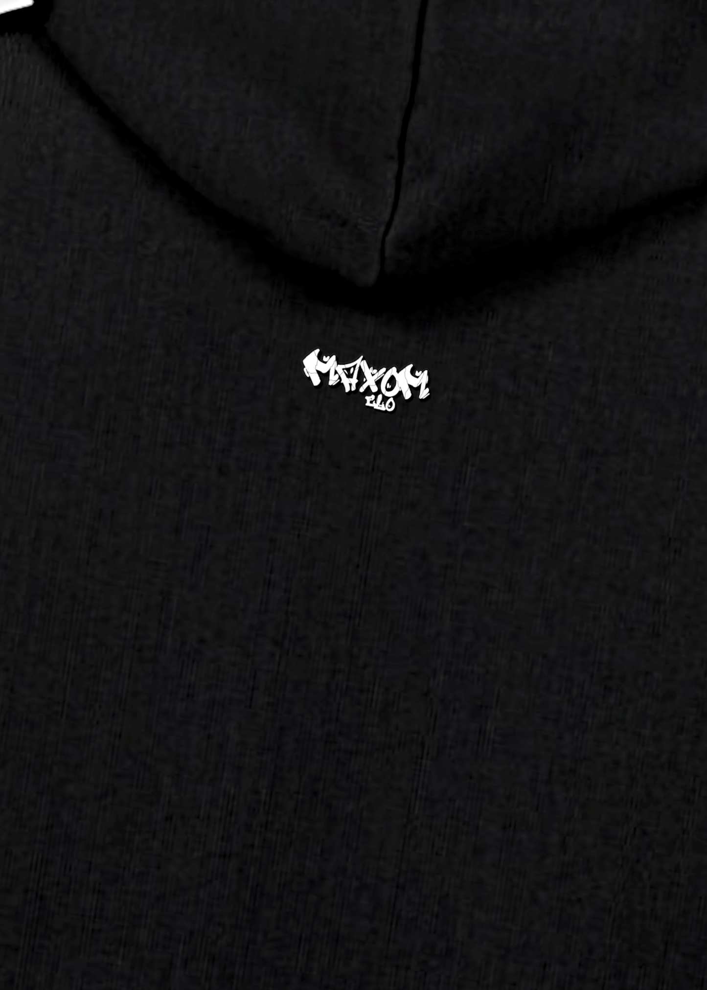 Detail shot of MAXOMclo back neck logo on clean minimalist oversized hoodie – heavyweight brushed fleece cotton.