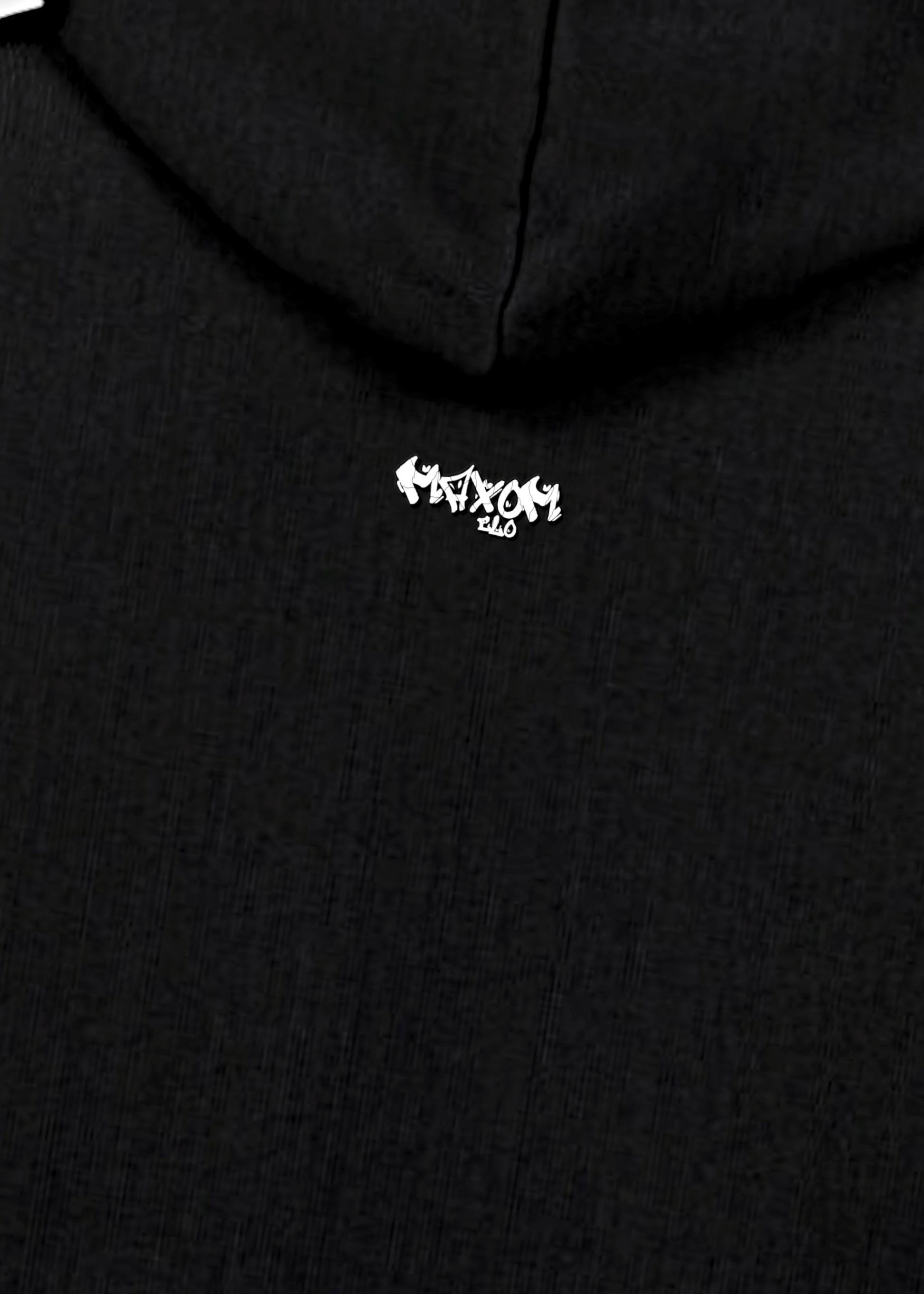 Detail shot of MAXOMclo back neck logo on clean minimalist oversized hoodie – heavyweight brushed fleece cotton.