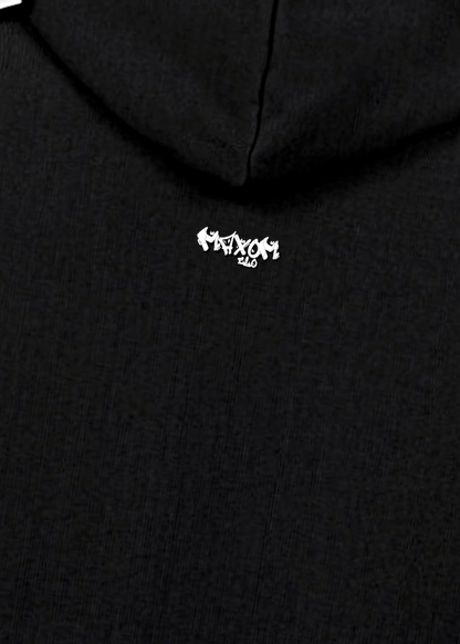 Detail shot of MAXOMclo back neck logo on clean minimalist oversized hoodie – heavyweight brushed fleece cotton.