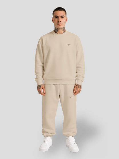 Unisex oversized beige sweatsuit by MAXOMclo – 90s inspired streetwear set with heavyweight crewneck and baggy sweatpants in neutral tone