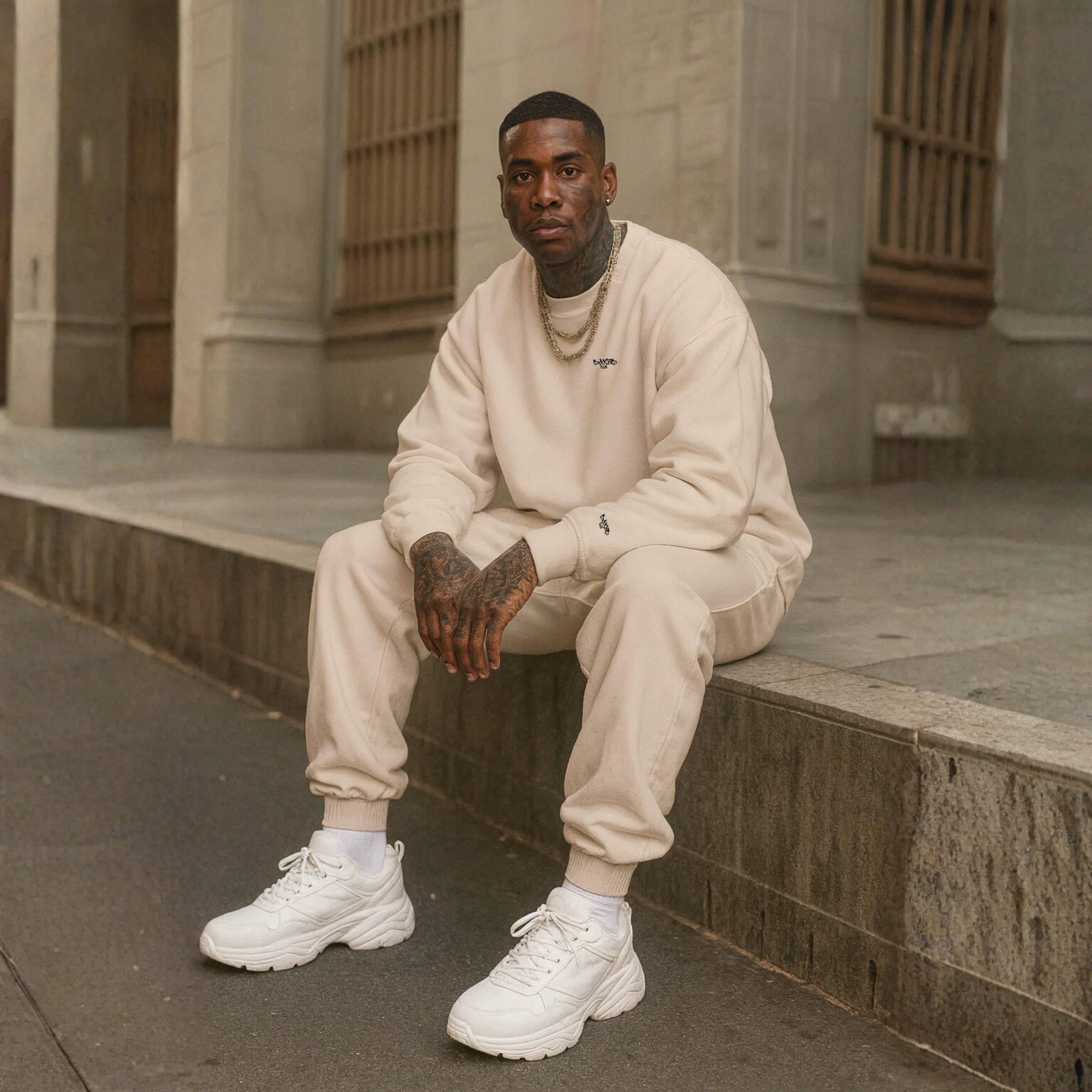 Male model wearing MAXOMclo ECHO beige oversized streetwear set – 90s-inspired crewneck and baggy sweatpants with minimalist embroidered details, luxury heavyweight neutral-tone sweatsuit photographed in an urban architectural setting.