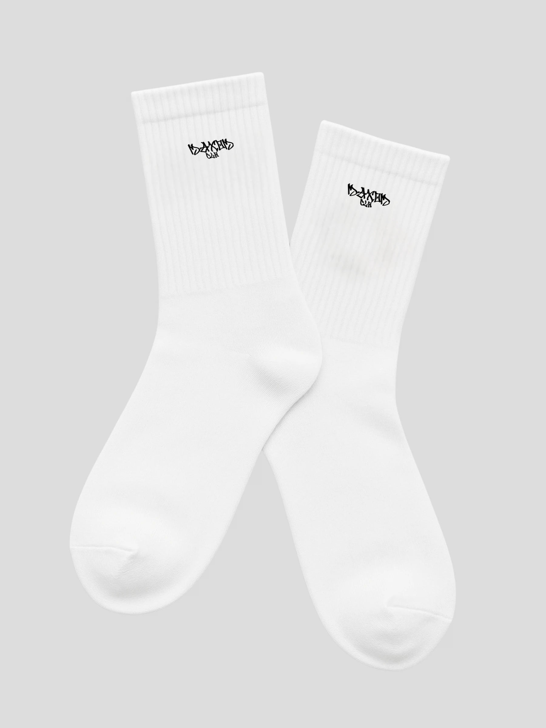 MAXOMclo ECHO Socks – white embroidered cotton streetwear socks made in USA with minimal logo design