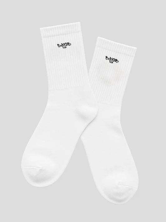 MAXOMclo ECHO Socks – white embroidered cotton streetwear socks made in USA with minimal logo design