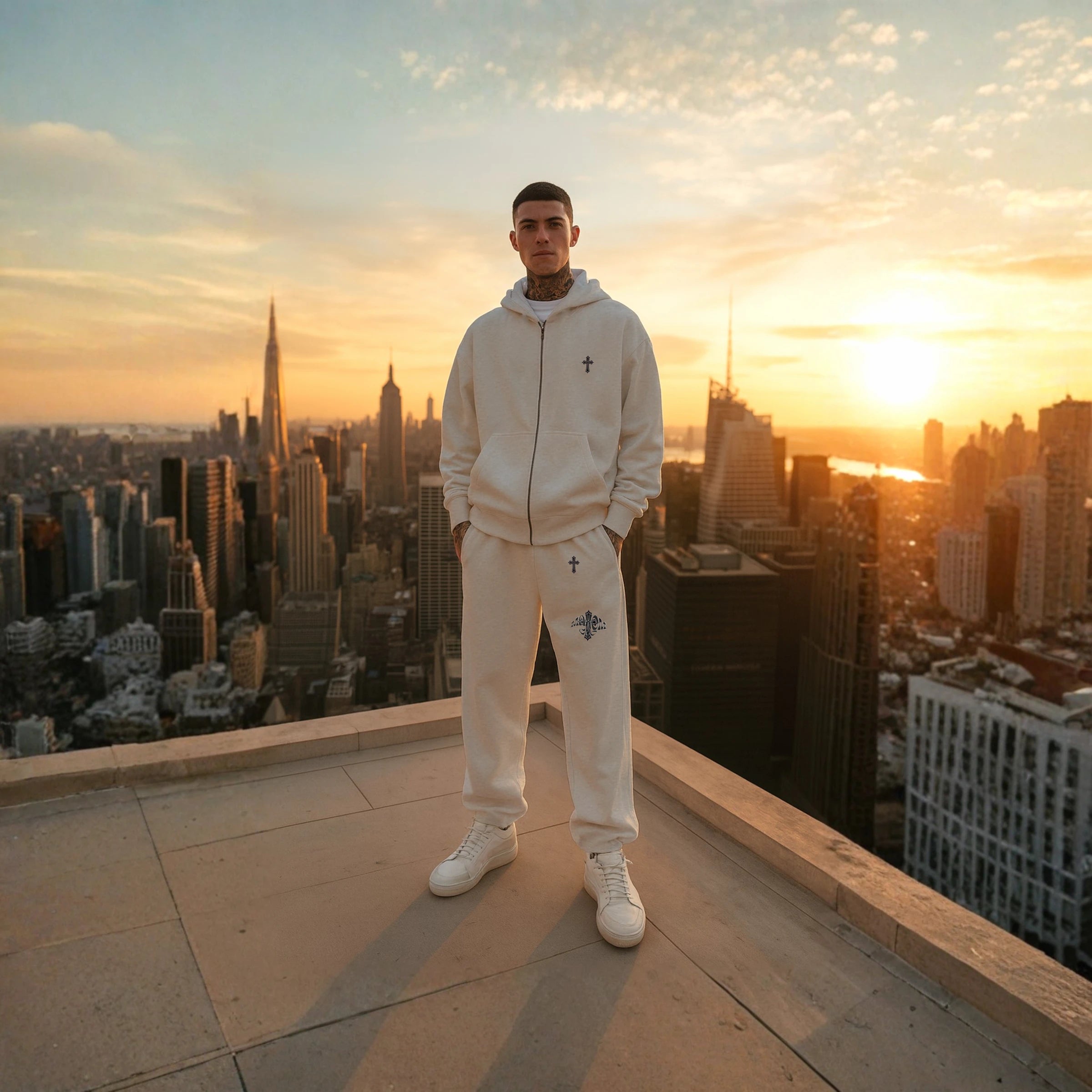 Male model wearing MAXOMclo Elysium Sweatsuit GREY – oversized heavyweight grey zip hoodie and baggy sweatpants with minimalist cross embroidery, premium unisex streetwear tracksuit photographed on a rooftop overlooking the city at sunset.