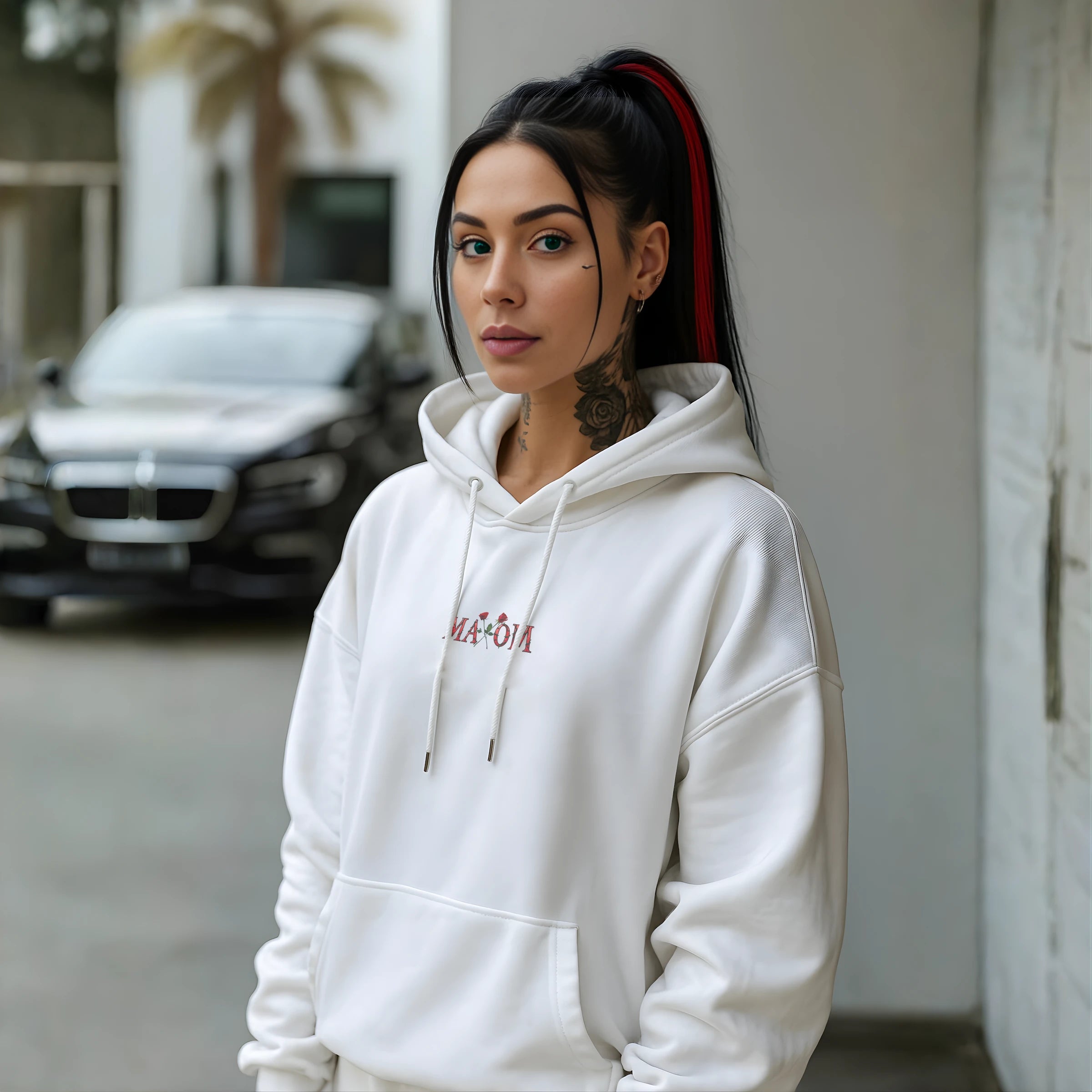Female model wearing MAXOMclo Rose Graphic Streetwear Hoodie – white unisex hoodie with minimalist rose embroidery and motivational streetwear design, premium fleece-lined urban hoodie photographed outdoors.