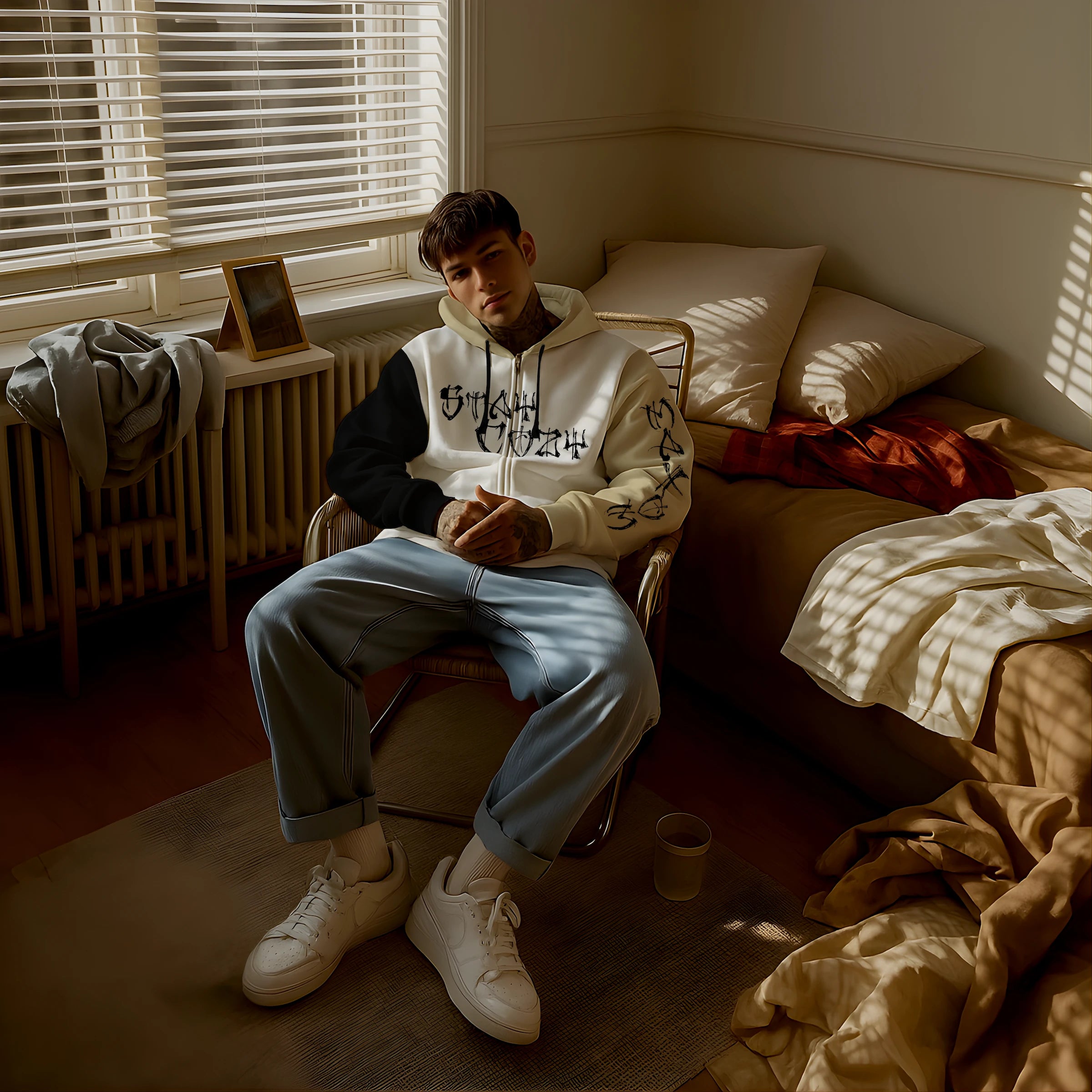 Male model wearing MAXOMclo Stay Cozy Sustainable Zip Hoodie – eco-friendly unisex colorblock hoodie made from recycled materials with graffiti-style slogan print, modern relaxed streetwear look photographed in a warm indoor bedroom setting.