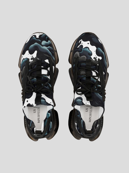 Top view of MENS REMNANT. FRACTURE sneaker showing black mesh upper with smoke design and cushioned sole