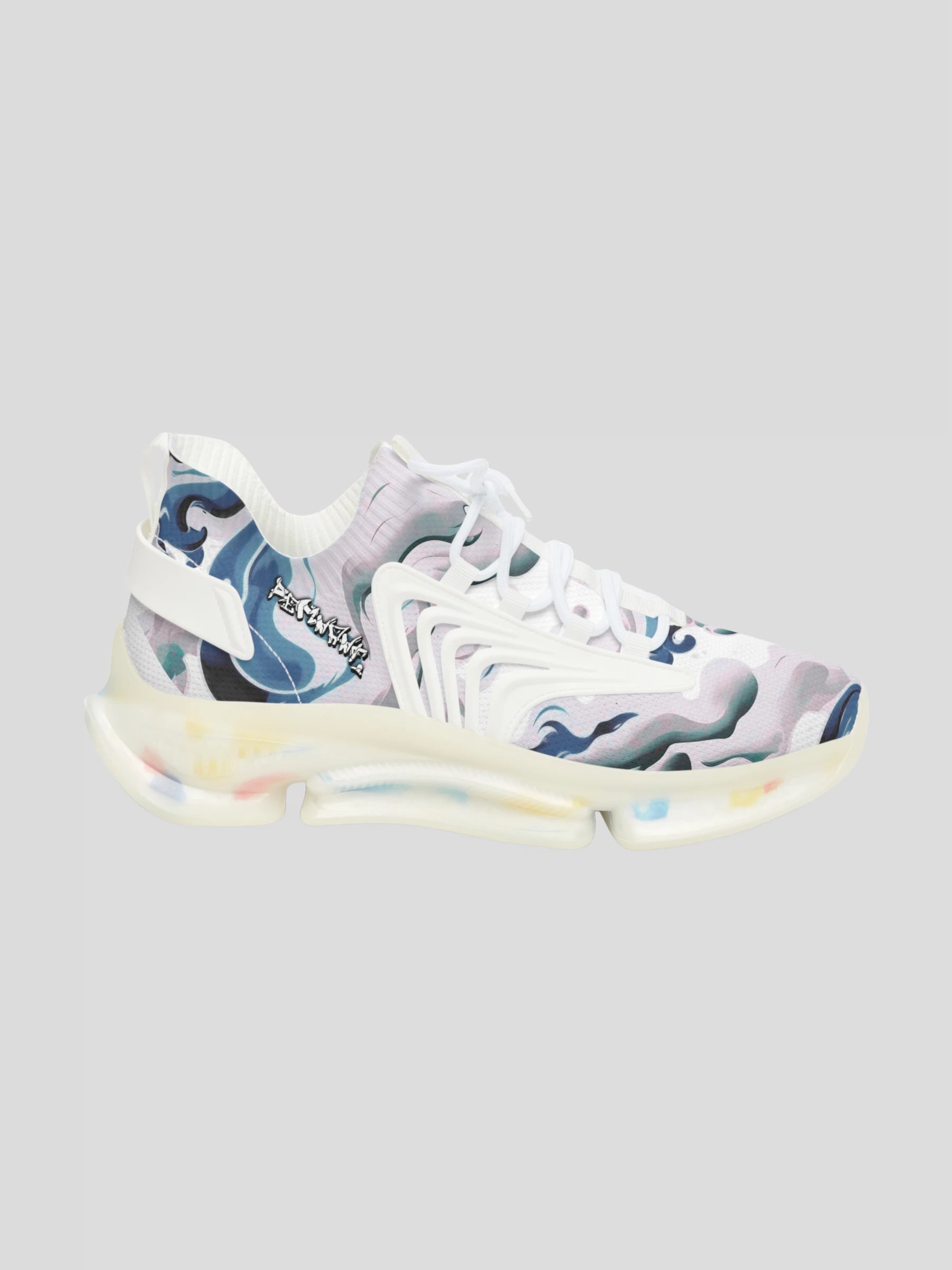 Outer right side MENS REMNANT. LUCID sneaker with abstract purple-blue futuristic smoke print