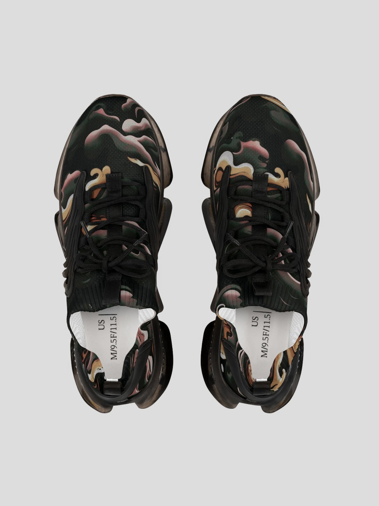 Top view of MENS REMNANT. RIFT sneaker with green-brown smoke print and mesh upper