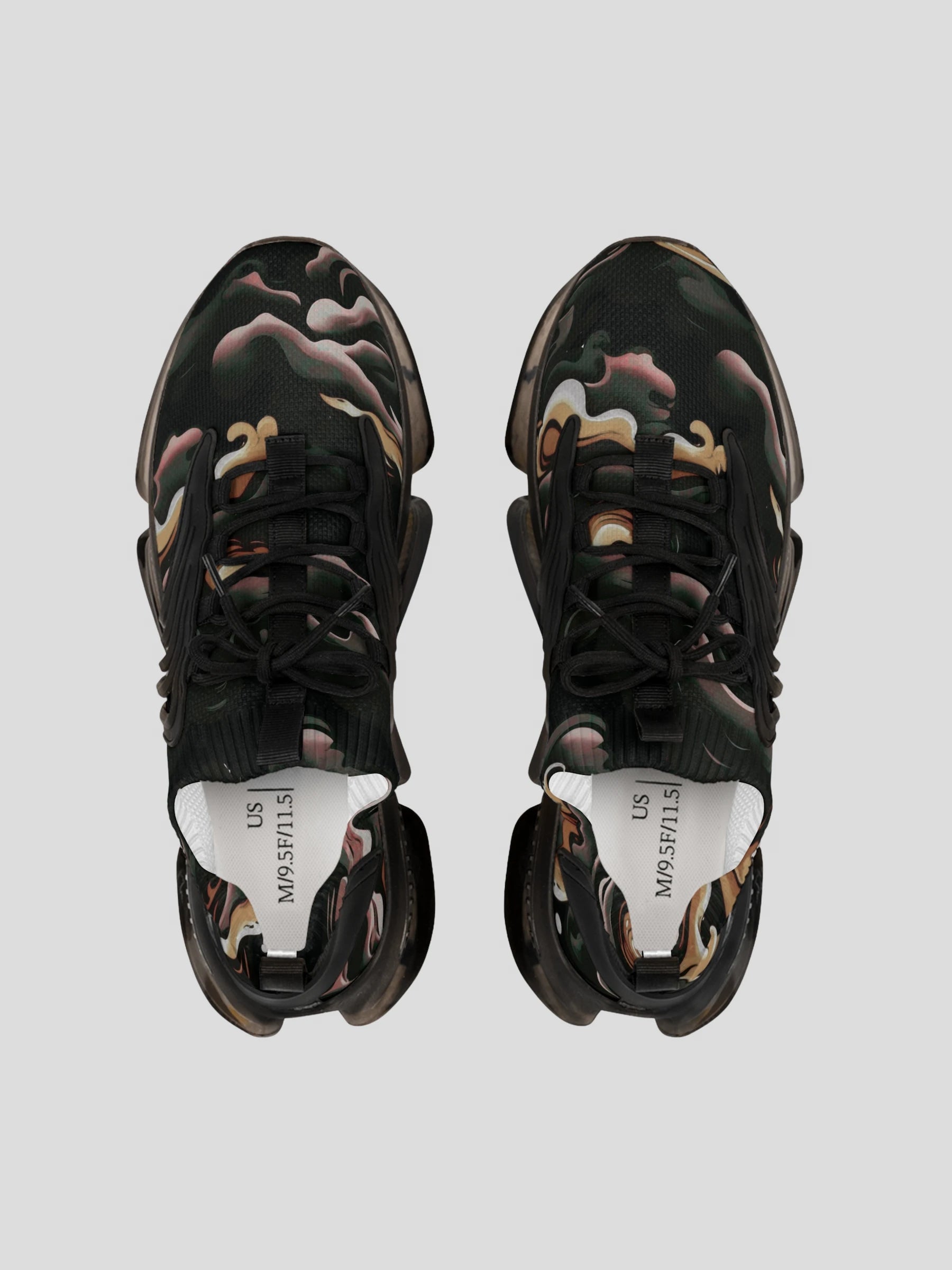 Top view of MENS REMNANT. RIFT sneaker with green-brown smoke print and mesh upper