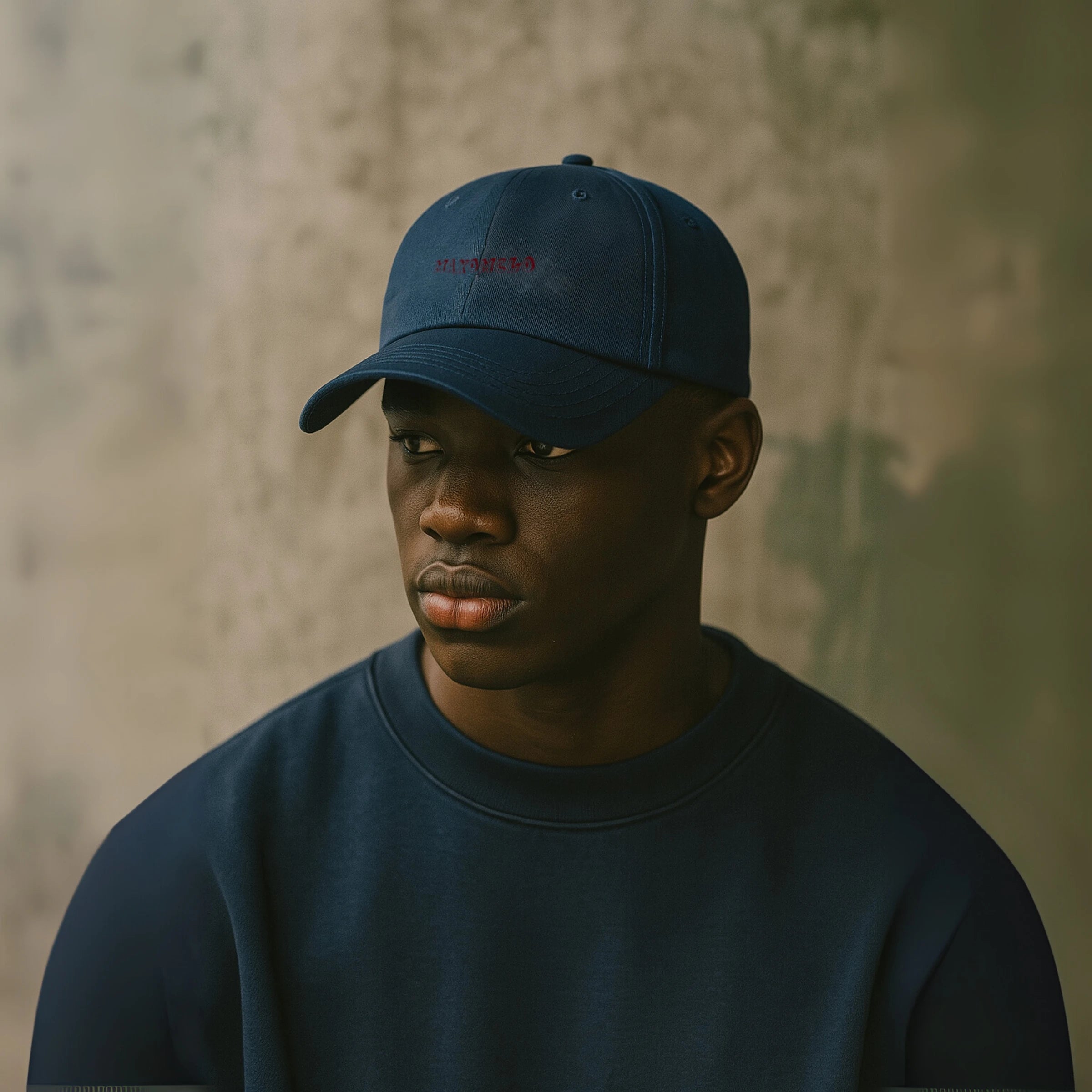 Man wearing navy urban streetwear baseball cap with moisture-wicking HeatGear sweatband – unisex adjustable low-profile ethically made cap
