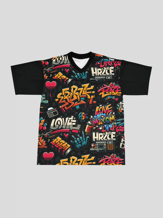 Front view of the Oversized Graffiti Print Streetwear T-Shirt by MAXOMclo – bold graffiti print oversized tee with colorful all-over urban graffiti art design and relaxed unisex streetwear fit.