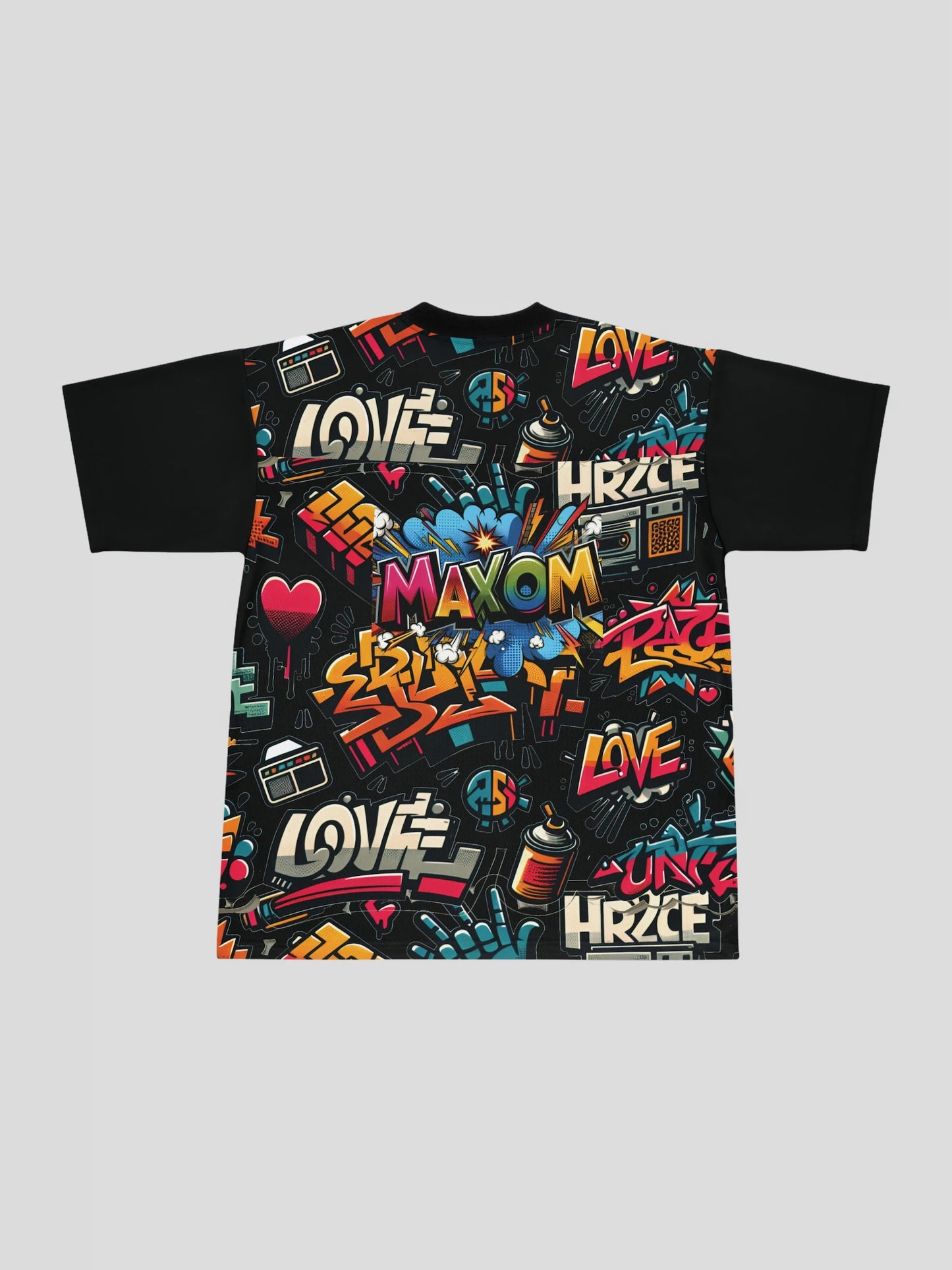 Back view of the Oversized Urban Graffiti Print Streetwear T-Shirt featuring MAXOM logo artwork, colorful street art graphics, and oversized streetwear silhouette for men and women.