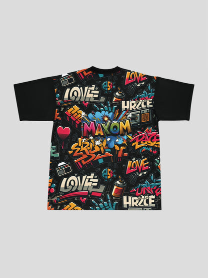 Back view of the Oversized Urban Graffiti Print Streetwear T-Shirt featuring MAXOM logo artwork, colorful street art graphics, and oversized streetwear silhouette for men and women.