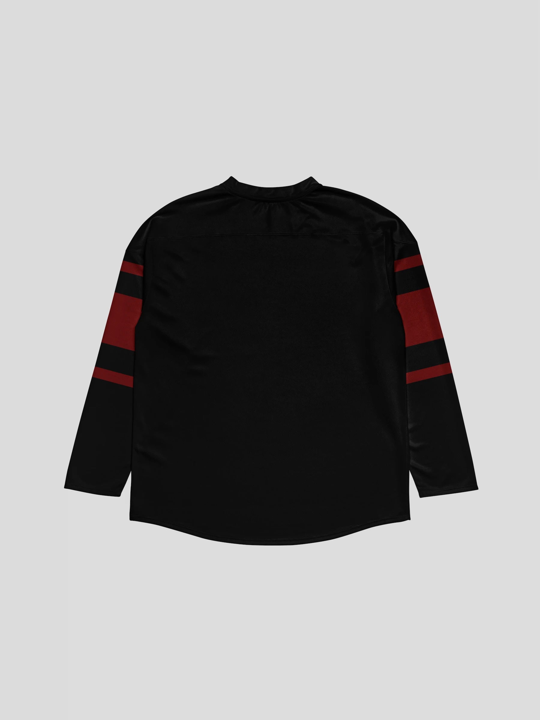 Back view of the eco-friendly sustainable hockey sweater black – gender-neutral recycled polyester streetwear design with clean finish and red sleeve details.