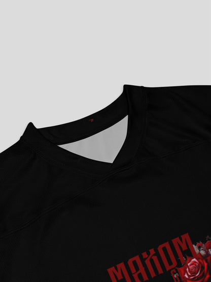 V-neck collar close-up of the luxury sustainable streetwear hockey sweater, highlighting high-quality recycled polyester fabric and clean seam design.