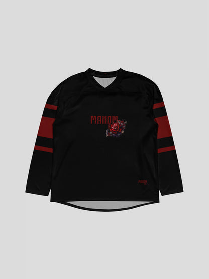 Flat lay of the sustainable urban streetwear rose sweater – vegan recycled polyester streetwear jersey with MAXOMclo red logo and rose embroidery.