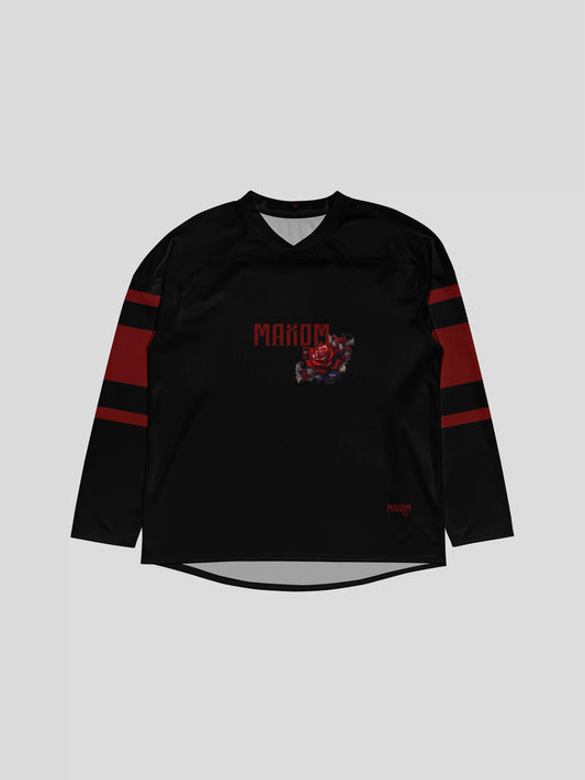 Flat lay of the sustainable urban streetwear rose sweater – vegan recycled polyester streetwear jersey with MAXOMclo red logo and rose embroidery.