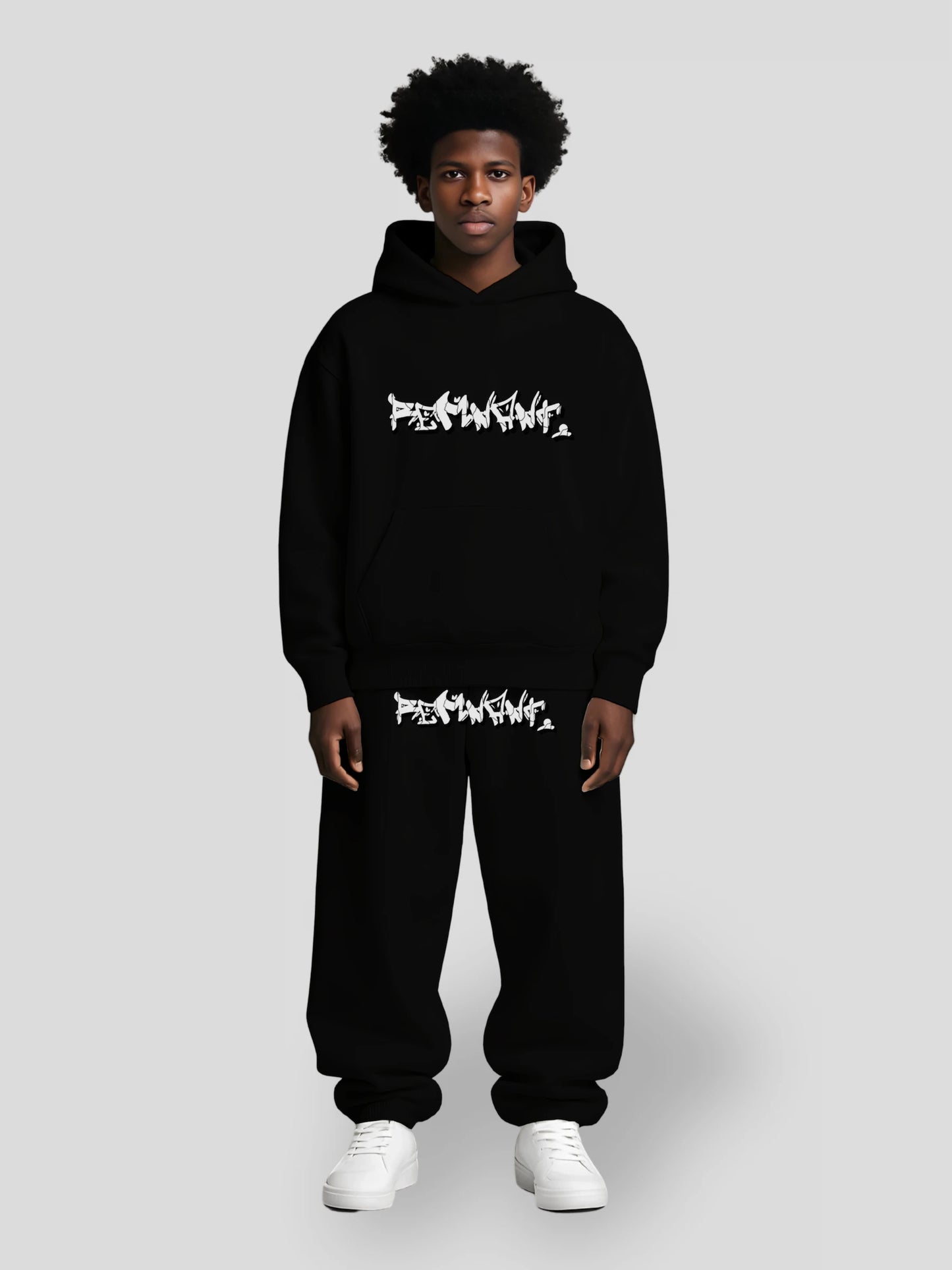 REMNANT. black oversized hoodie and sweatpants set – heavyweight 380 GSM streetwear with graffiti print, drop shoulders, and baggy fit for urban fashion lovers
