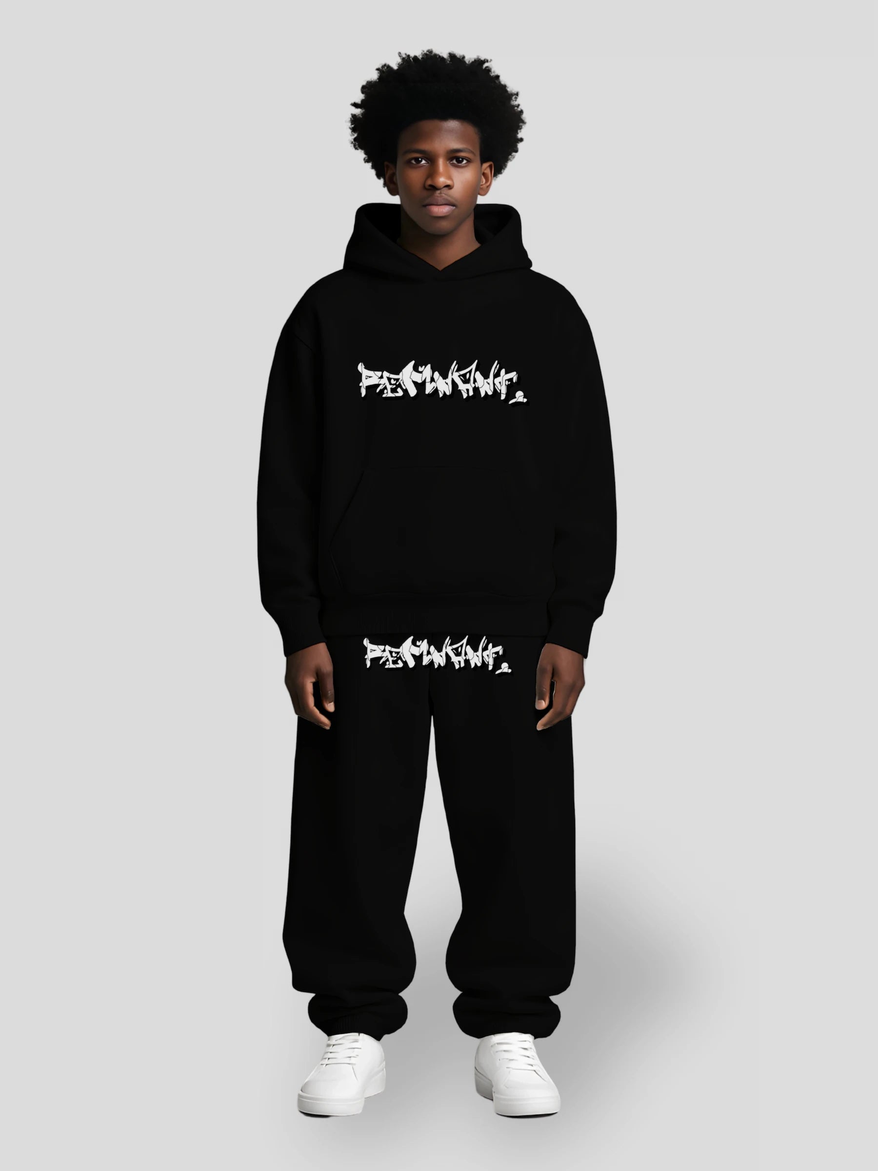 REMNANT. black oversized hoodie and sweatpants set – heavyweight 380 GSM streetwear with graffiti print, drop shoulders, and baggy fit for urban fashion lovers
