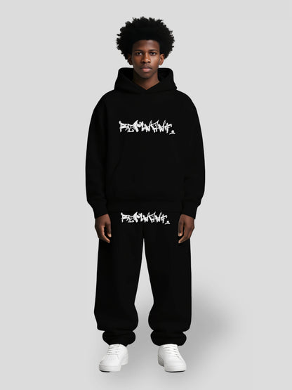 REMNANT. black oversized hoodie and sweatpants set – heavyweight 380 GSM streetwear with graffiti print, drop shoulders, and baggy fit for urban fashion lovers
